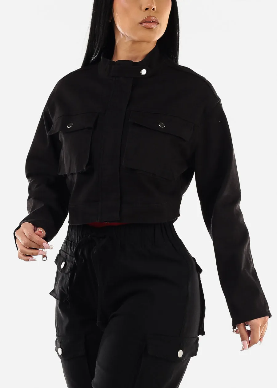 Long Sleeve Black Cropped Denim Jacket sold by Moda product image thumbnail 5