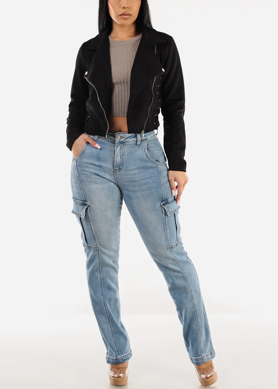 Zip Up Black Suede Moto Jacket w Lace Up Sides sold by Moda product image thumbnail 2