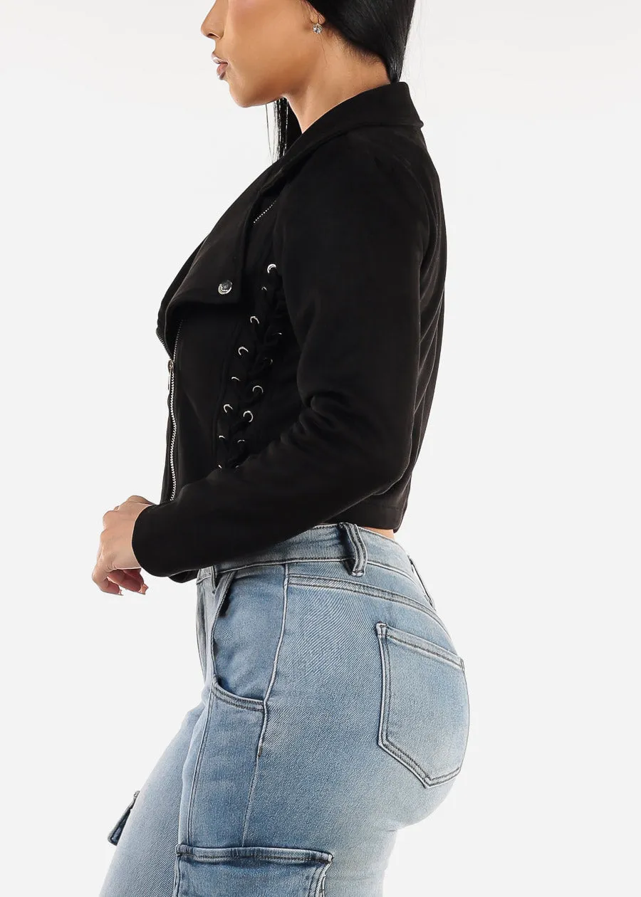 Zip Up Black Suede Moto Jacket w Lace Up Sides sold by Moda product image thumbnail 3