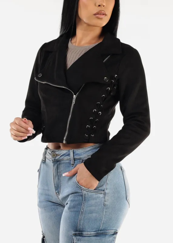 Zip Up Black Suede Moto Jacket w Lace Up Sides sold by Moda