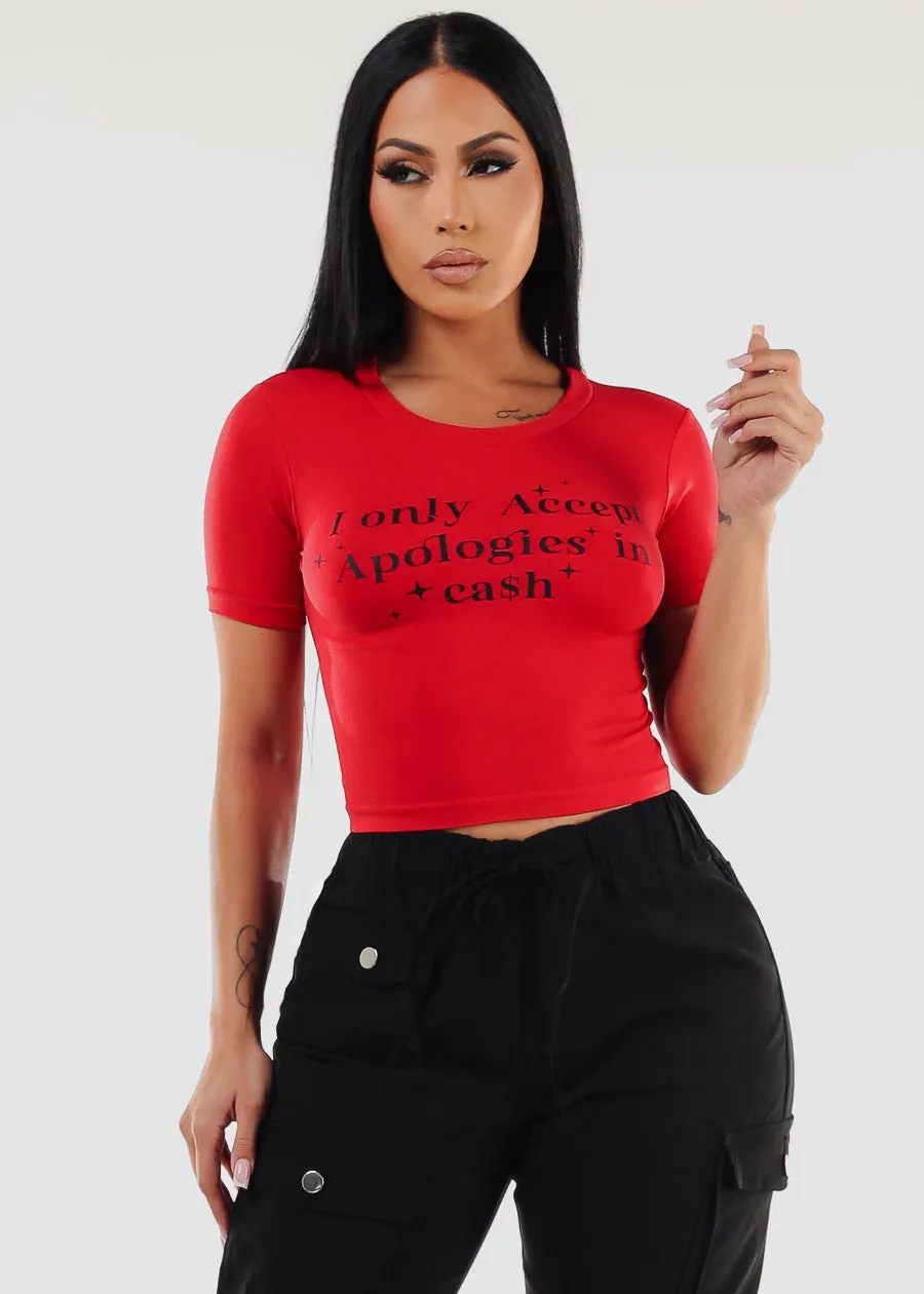 Short Sleeve Red Graphic Crop Top "Cash" sold by Moda