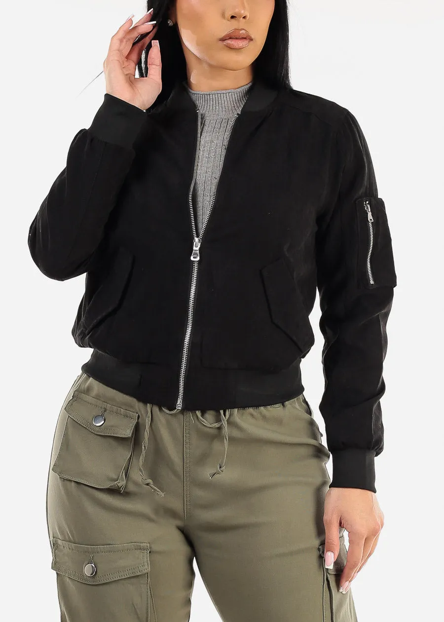 Black Long Sleeve Zip Up Bomber Jacket sold by Moda