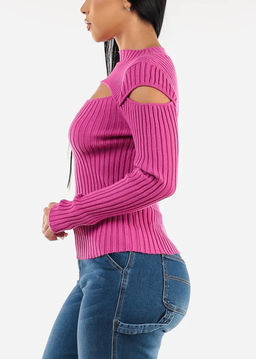 Mock Neck Stretchy Knit Cut Out Light Sweater Fuchsia sold by Moda product image thumbnail 3