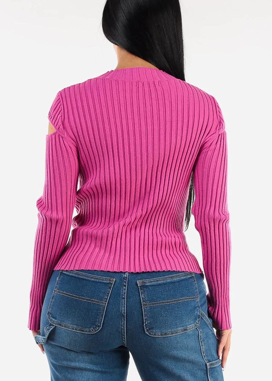 Mock Neck Stretchy Knit Cut Out Light Sweater Fuchsia sold by Moda product image thumbnail 4