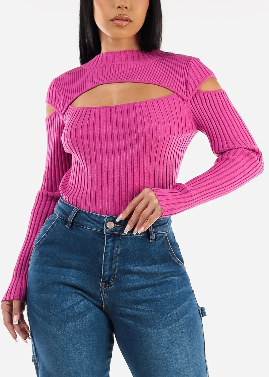 Mock Neck Stretchy Knit Cut Out Light Sweater Fuchsia sold by Moda