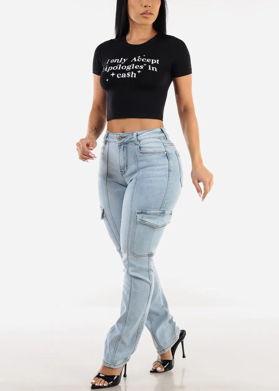 Short Sleeve Black Graphic Crop Top "Cash" sold by Moda product image thumbnail 2