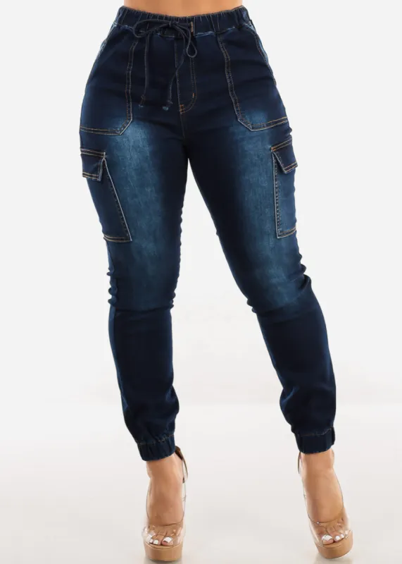 High Drawstring Waist Cargo Jogger Jeans Dark Blue sold by Moda