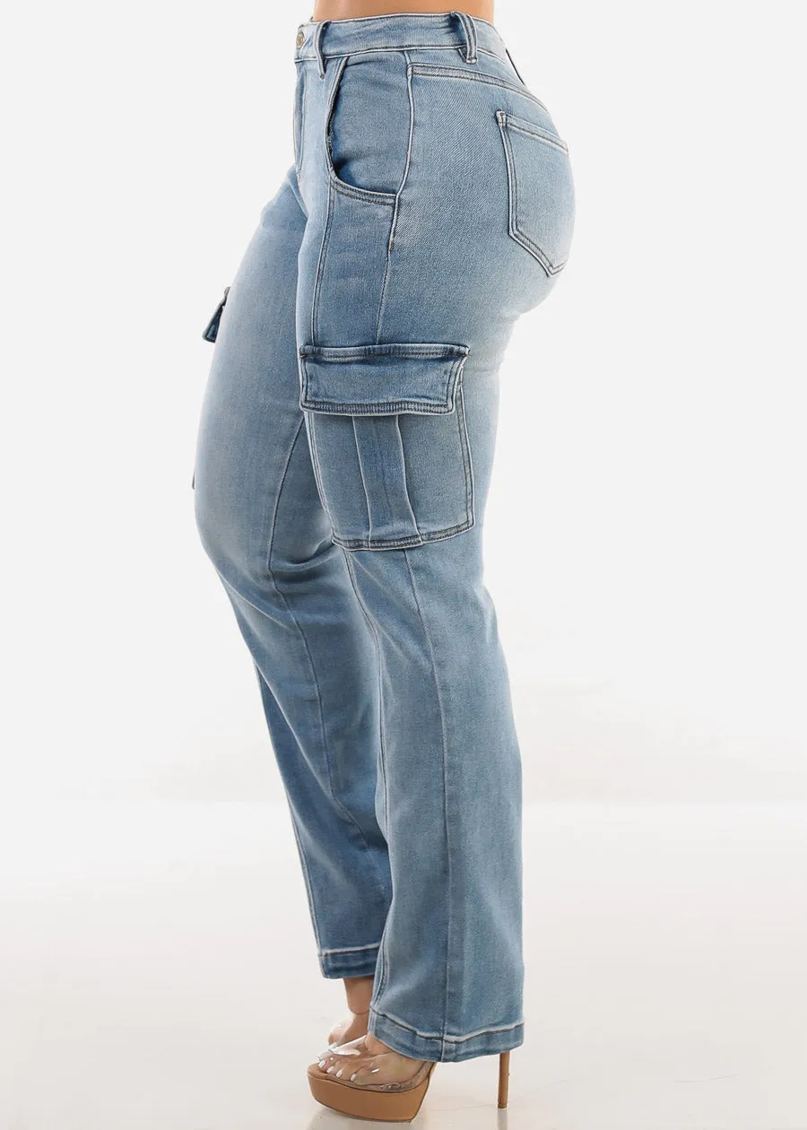 High Waist Stretch Straight Cargo Jeans Light Wash sold by Moda product image thumbnail 3