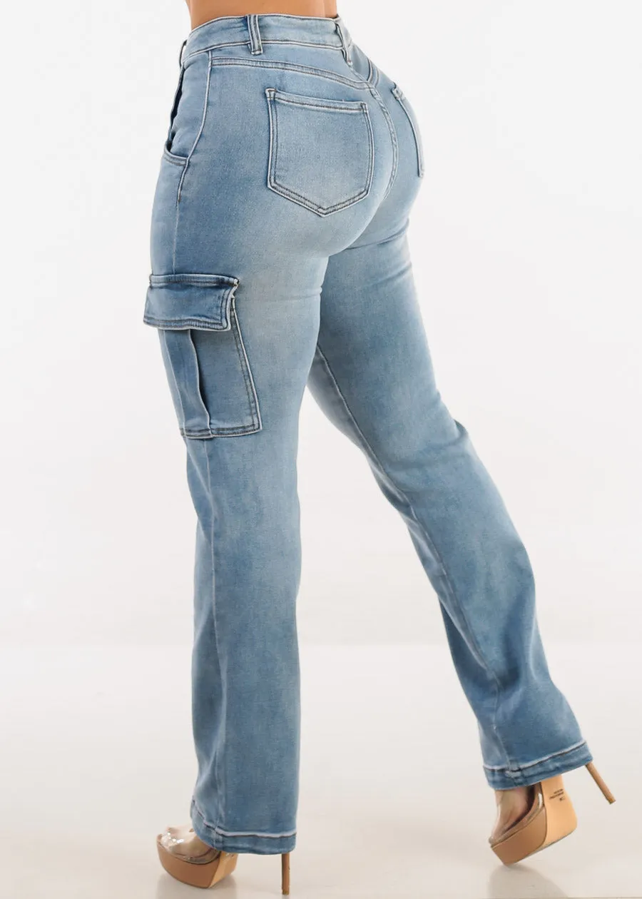 High Waist Stretch Straight Cargo Jeans Light Wash sold by Moda product image thumbnail 4
