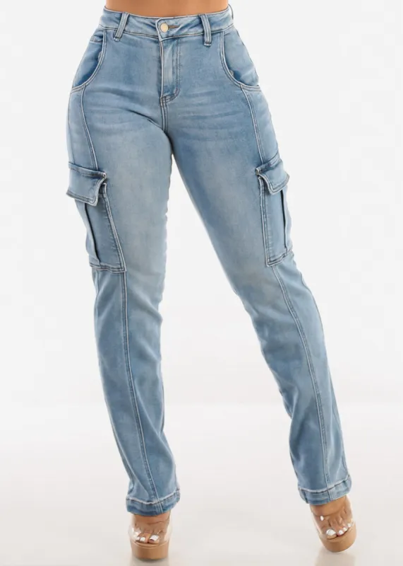High Waist Stretch Straight Cargo Jeans Light Wash sold by Moda