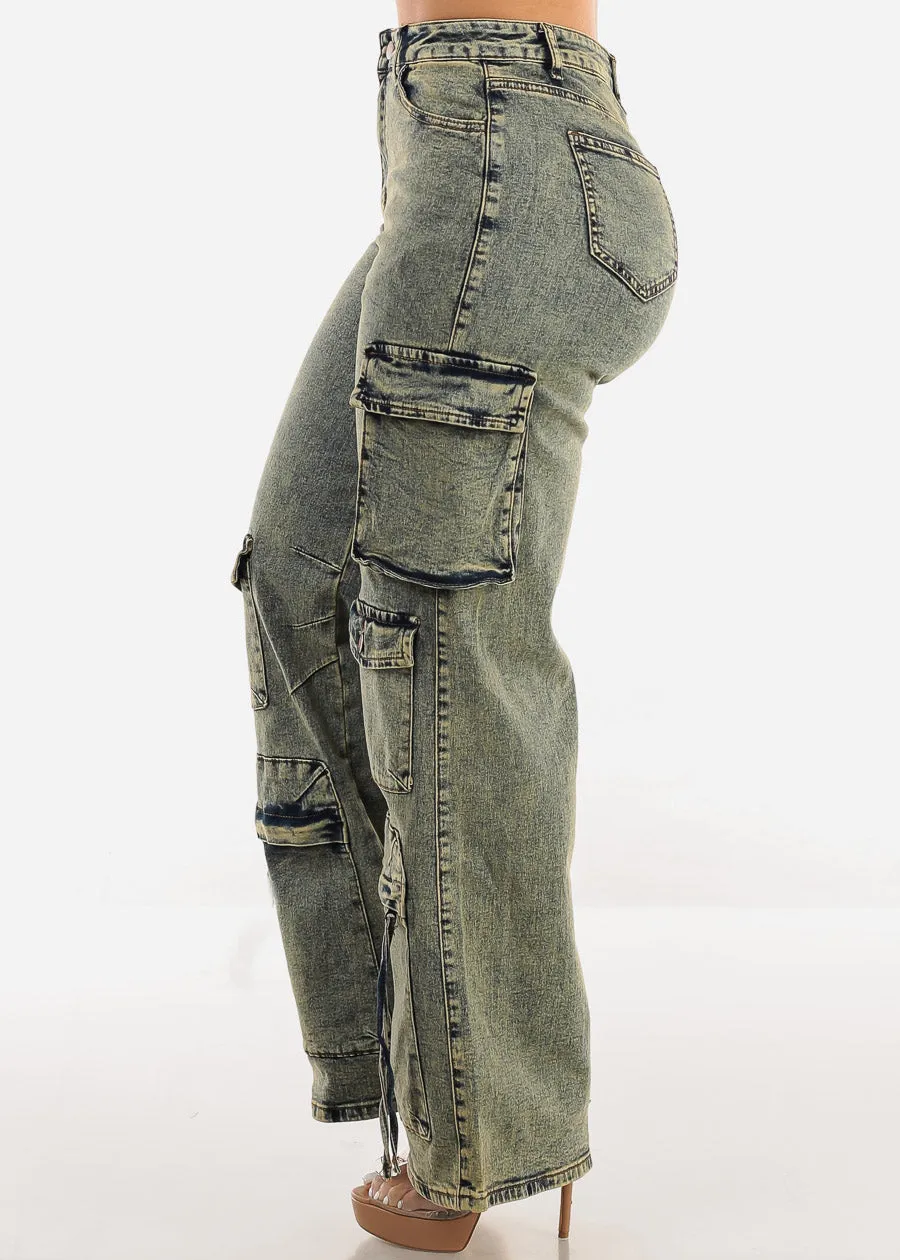 High Waist Acid Wash Straight Wide Leg Cargo Jeans sold by Moda product image thumbnail 3