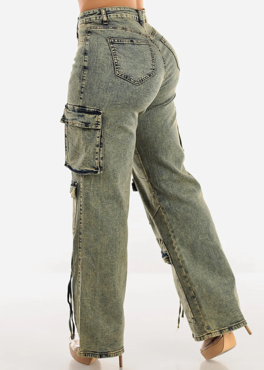 High Waist Acid Wash Straight Wide Leg Cargo Jeans sold by Moda product image thumbnail 4
