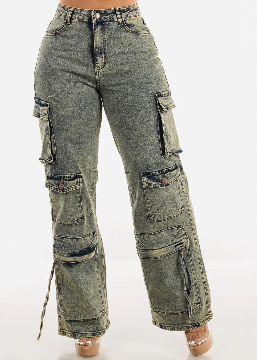 High Waist Acid Wash Straight Wide Leg Cargo Jeans sold by Moda