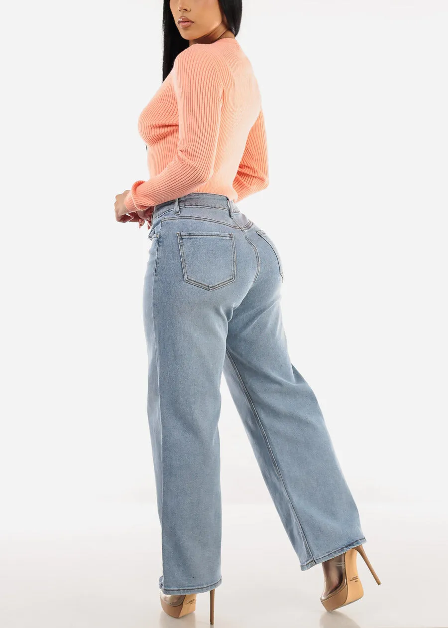 Super High Waist Wide Leg Stretch Jeans Light Wash sold by Moda product image thumbnail 5