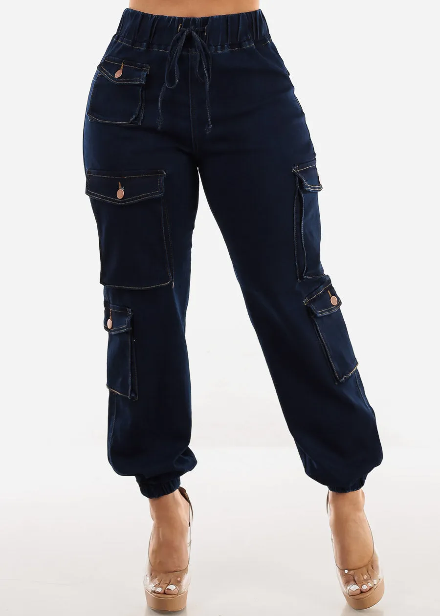 Drawstring Waist Cuffed Cargo Jogger Jeans Dark Blue sold by Moda