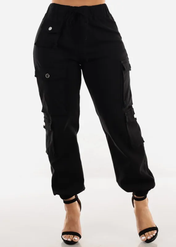 Drawstring Waist Hyper Stretch Cargo Jogger Pants Black sold by Moda