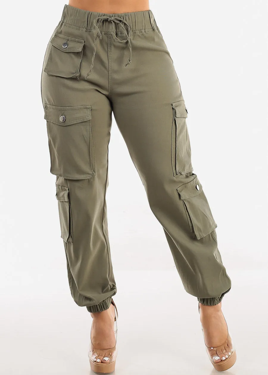 Drawstring Waist Hyper Stretch Cargo Jogger Pants Olive sold by Moda