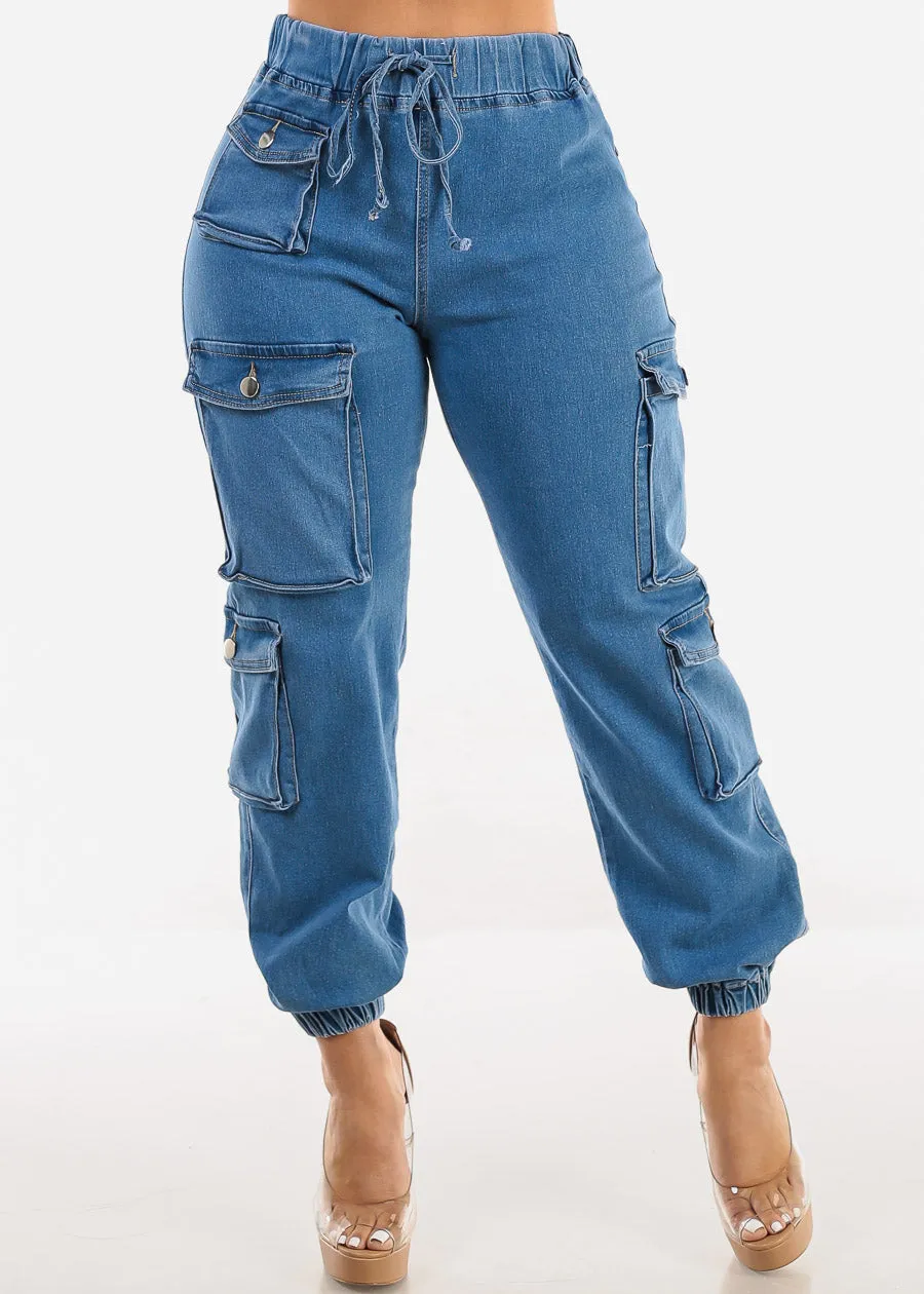 Drawstring Waist Cuffed Cargo Jogger Jeans Med Blue sold by Moda