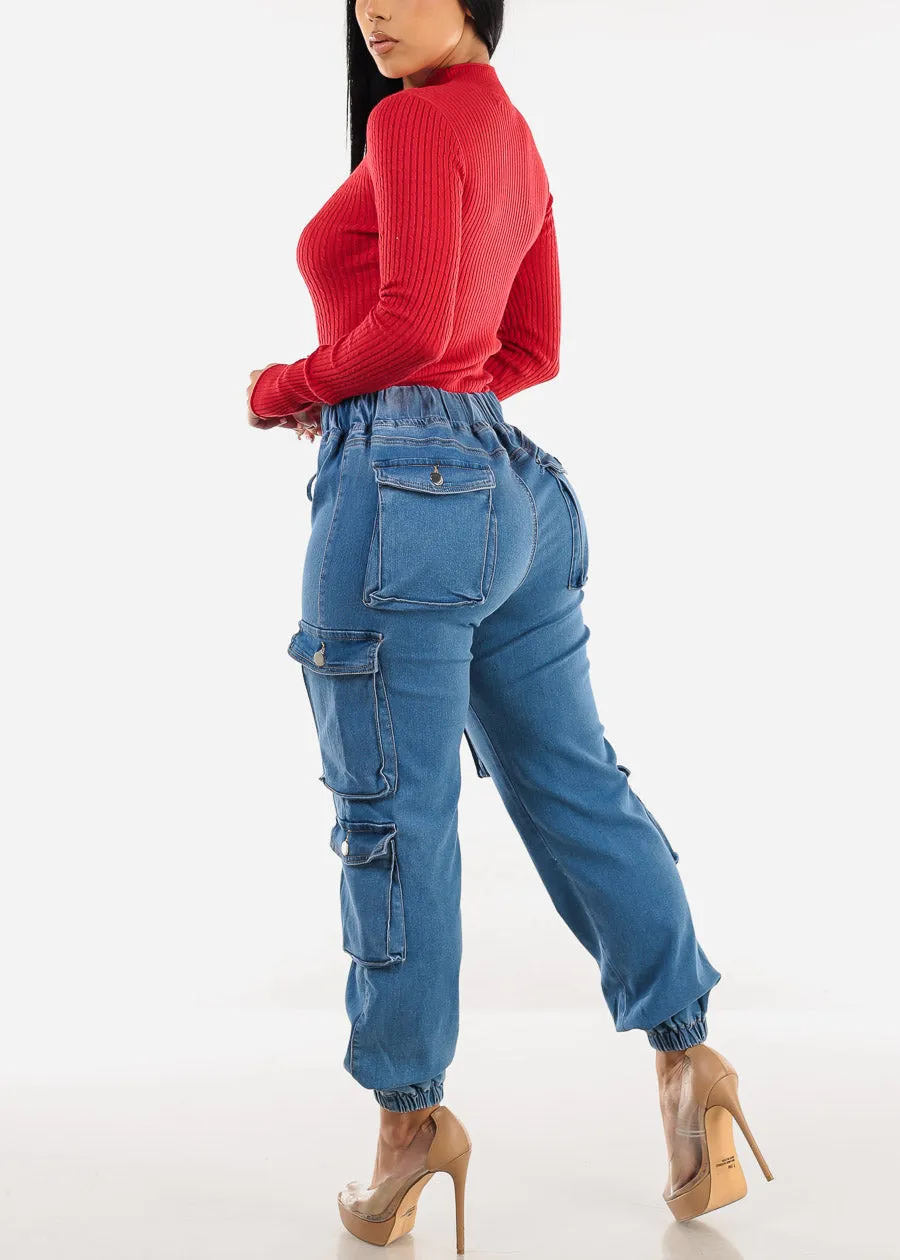 Drawstring Waist Cuffed Cargo Jogger Jeans Med Blue sold by Moda product image thumbnail 5