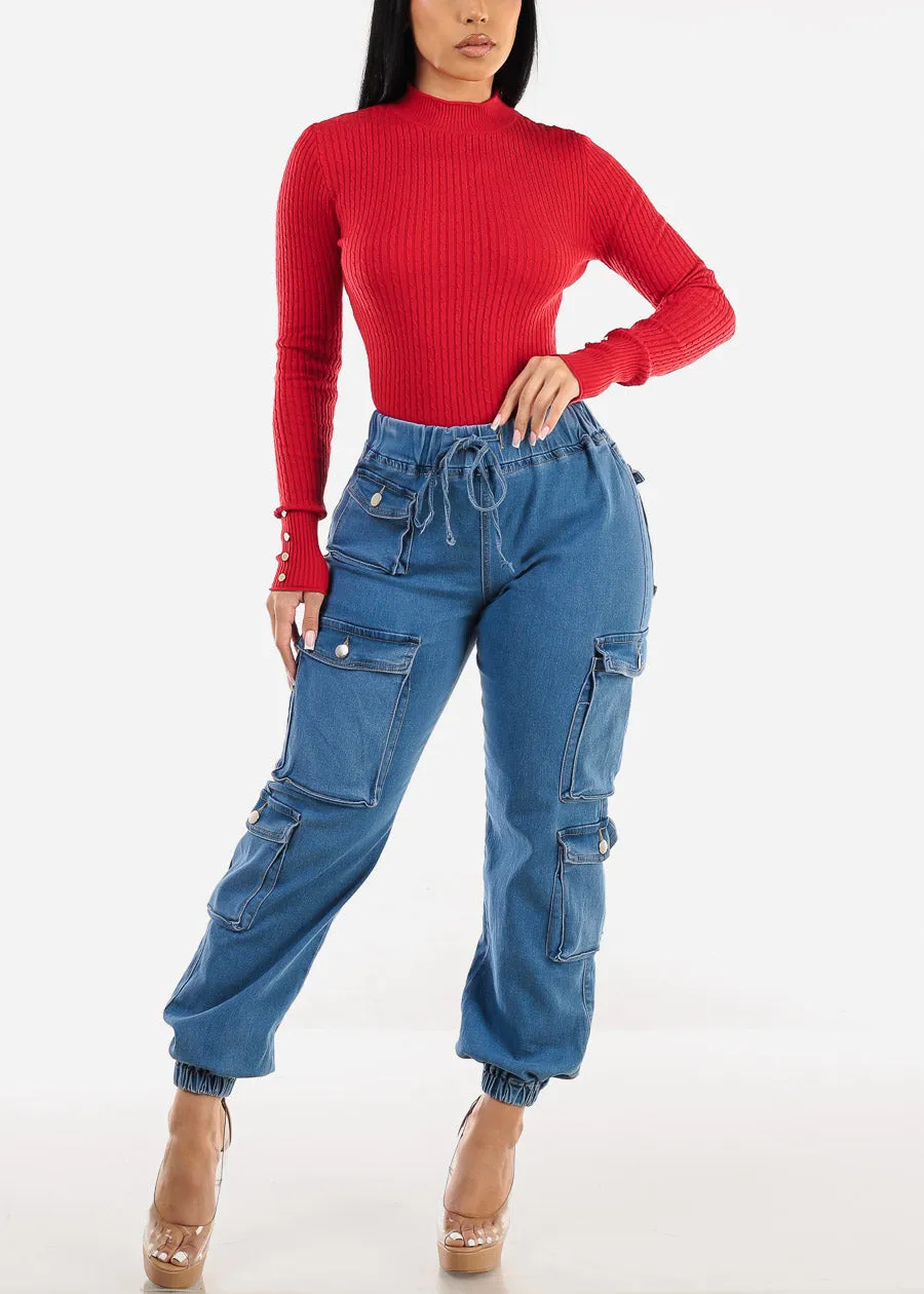 Drawstring Waist Cuffed Cargo Jogger Jeans Med Blue sold by Moda product image thumbnail 2