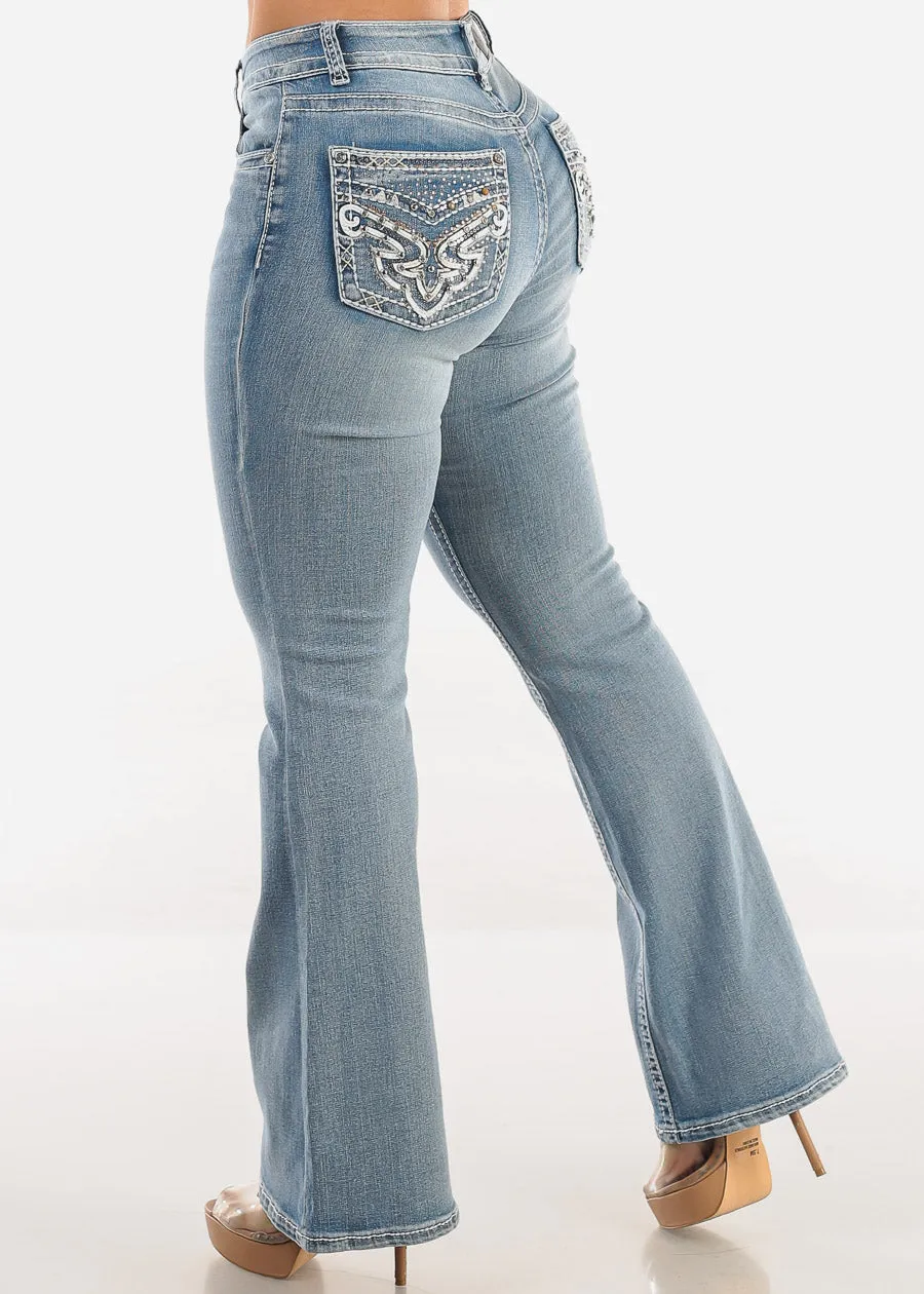 High Waist Light Wash Bootcut Jeans w Back Pocket Design sold by Moda