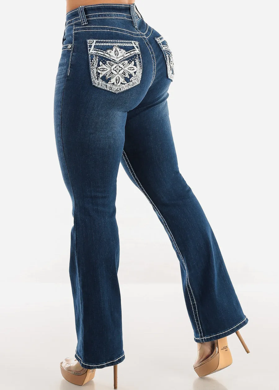 High Waist Indigo Bootcut Jeans w Back Pocket Design sold by Moda