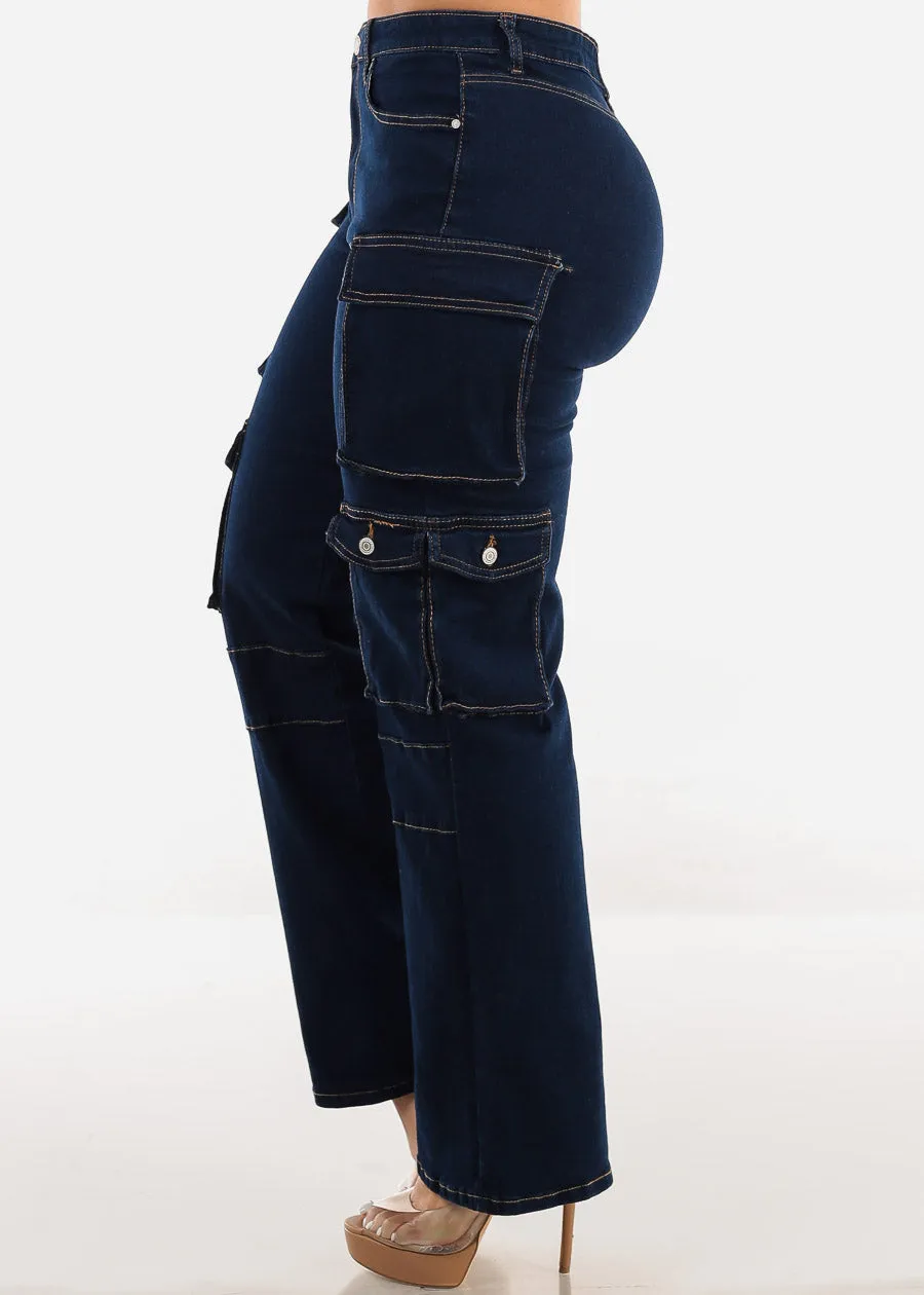 Super High Waist Straight Wide Leg Cargo Jeans Dark Blue sold by Moda product image thumbnail 3