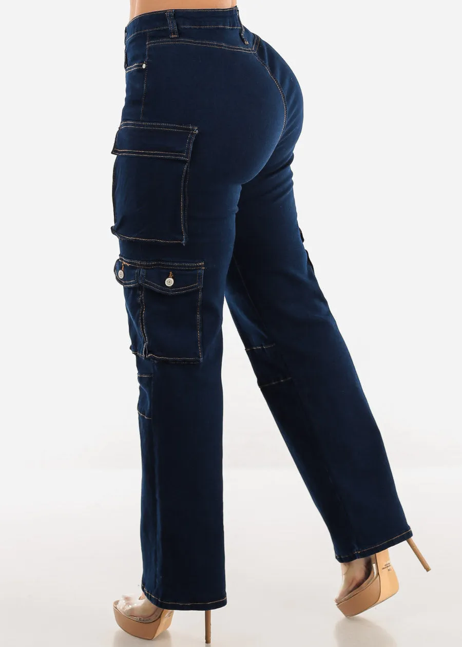 Super High Waist Straight Wide Leg Cargo Jeans Dark Blue sold by Moda product image thumbnail 4