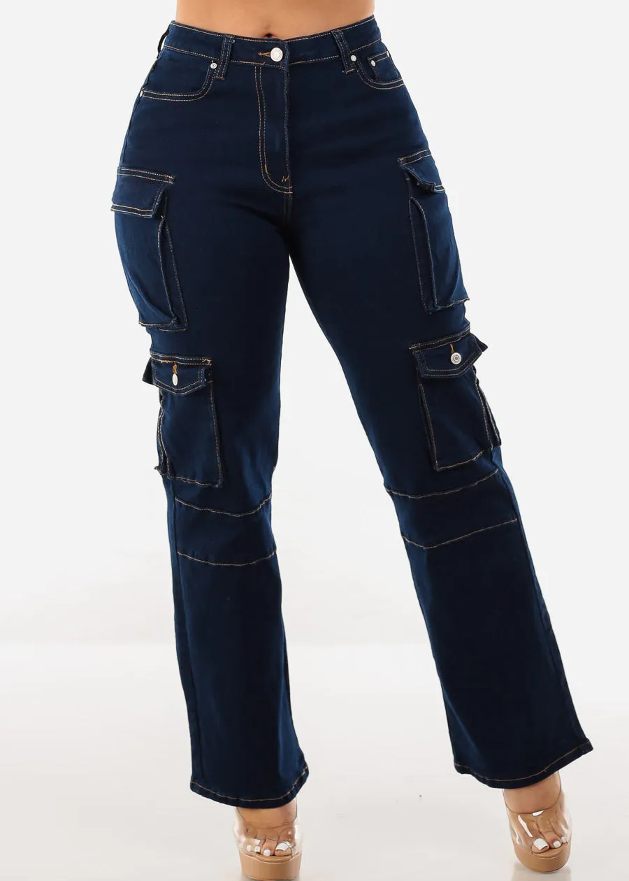 Super High Waist Straight Wide Leg Cargo Jeans Dark Blue sold by Moda