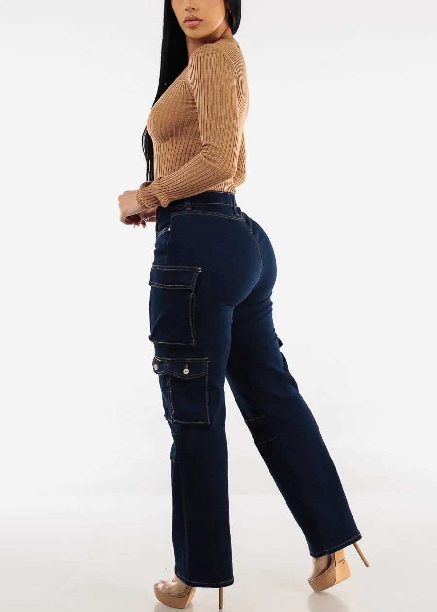 Super High Waist Straight Wide Leg Cargo Jeans Dark Blue sold by Moda product image thumbnail 5