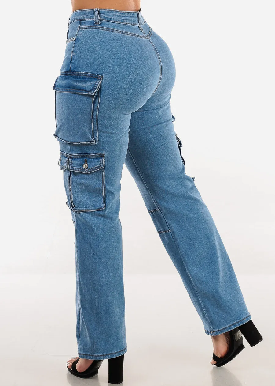 Super High Waist Straight Wide Leg Cargo Jeans Med Blue sold by Moda product image thumbnail 4