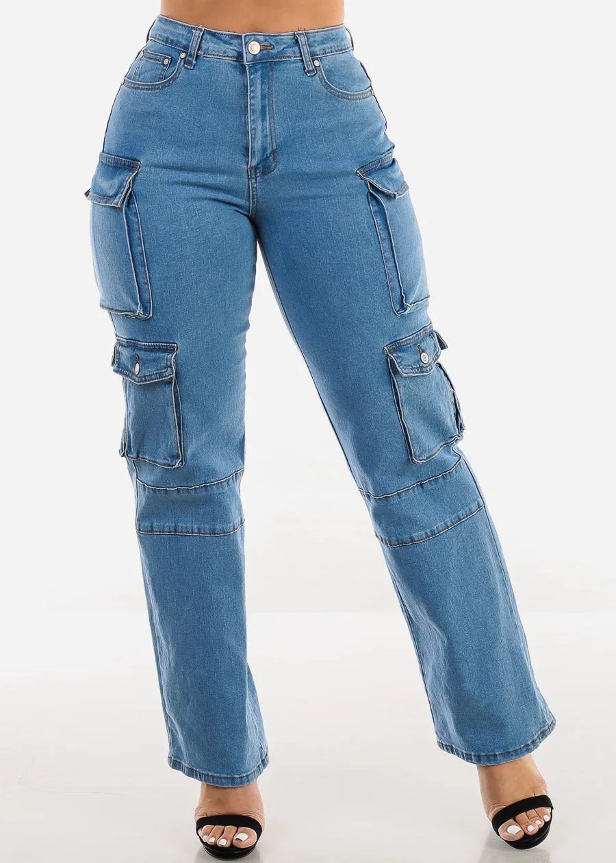 Super High Waist Straight Wide Leg Cargo Jeans Med Blue sold by Moda