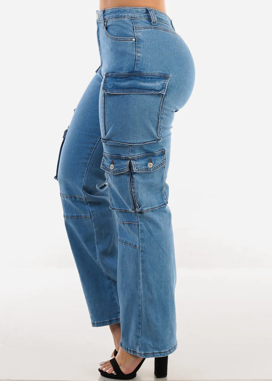 Super High Waist Straight Wide Leg Cargo Jeans Med Blue sold by Moda product image thumbnail 3