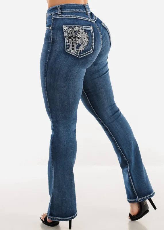 High Waist Bootcut Jeans w Back Cross Pocket Design sold by Moda