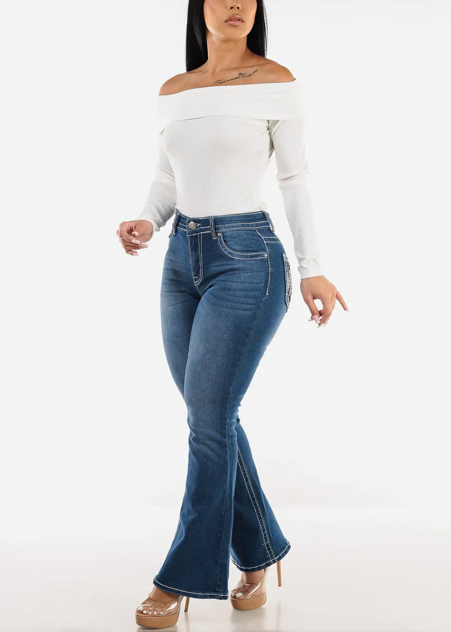 High Waist Flared Bootcut Indigo Jeans w Back Pocket Design sold by Moda product image thumbnail 2