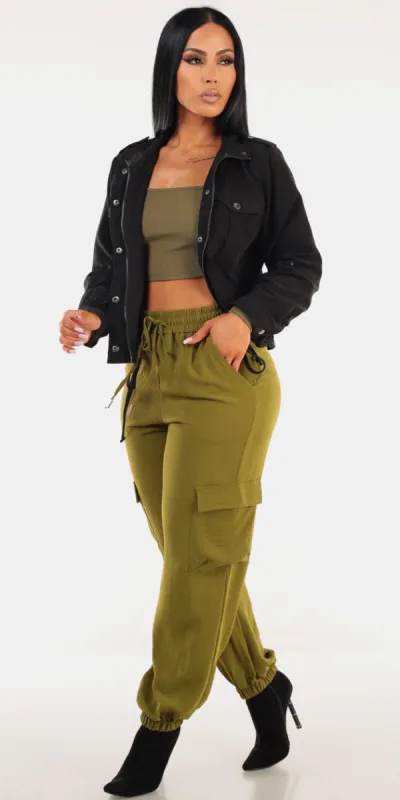 Zip Up Olive Cargo Joggers Trio sold by Moda