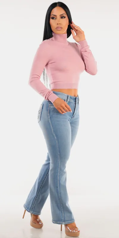 Pink Crop Bootcut Denim Outfit sold by Moda