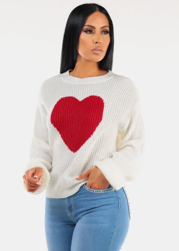 Long Sleeve Crewneck Knitted Sweater White "Heart" sold by Moda