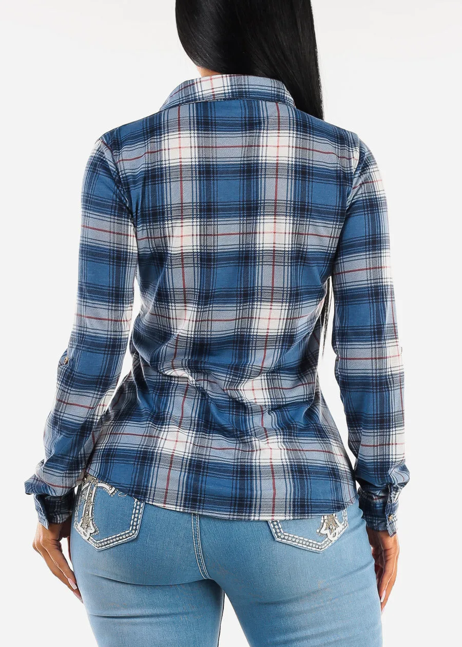 Long Sleeve Button Up Plaid Shirt Blue sold by Moda product image thumbnail 4