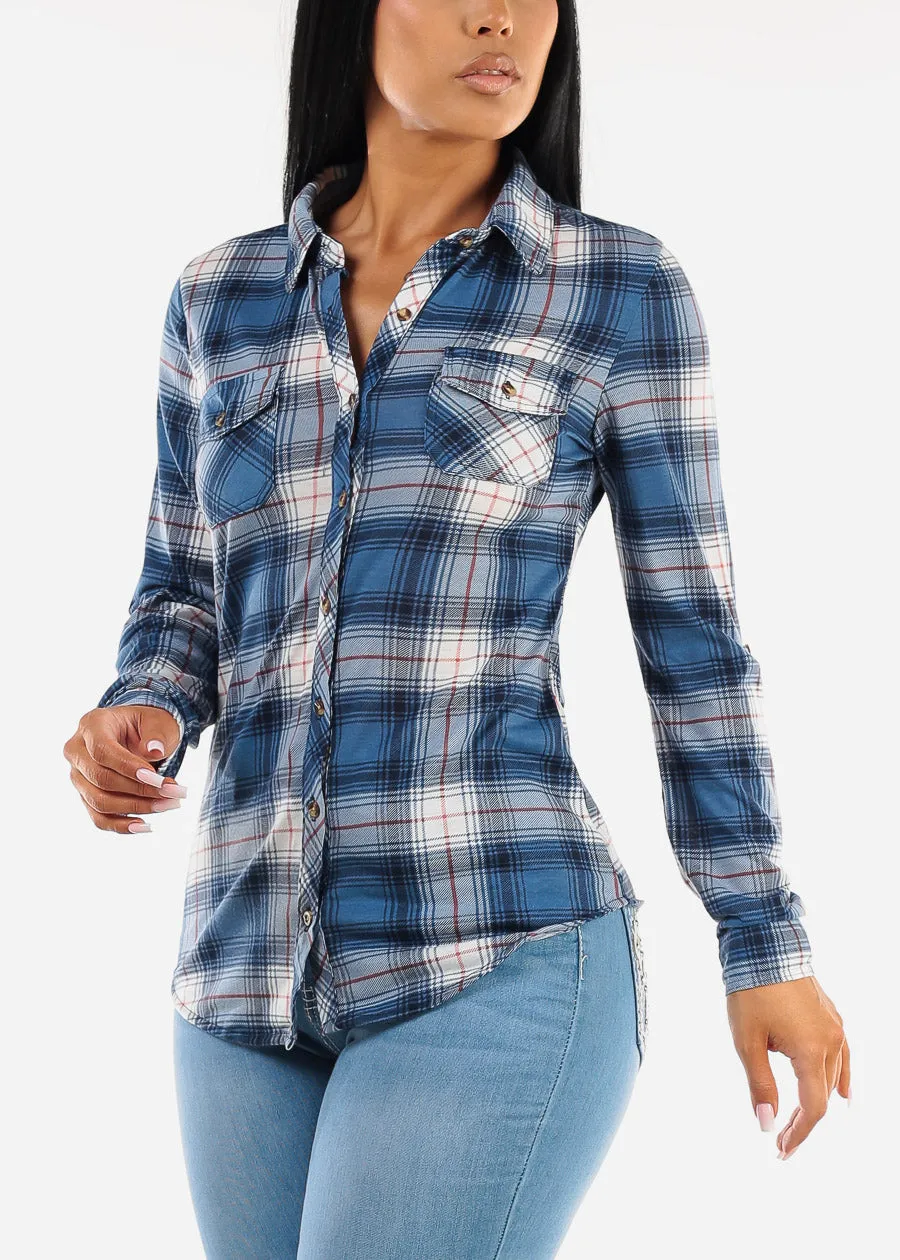 Long Sleeve Button Up Plaid Shirt Blue sold by Moda