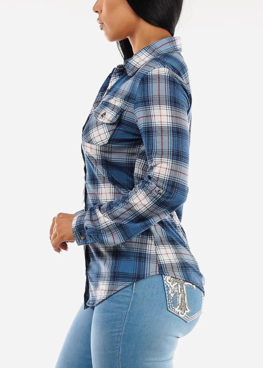 Long Sleeve Button Up Plaid Shirt Blue sold by Moda product image thumbnail 3
