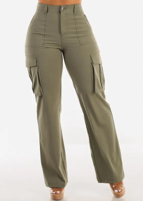 Super High Waist Straight Wide Leg Cargo Pants Olive sold by Moda