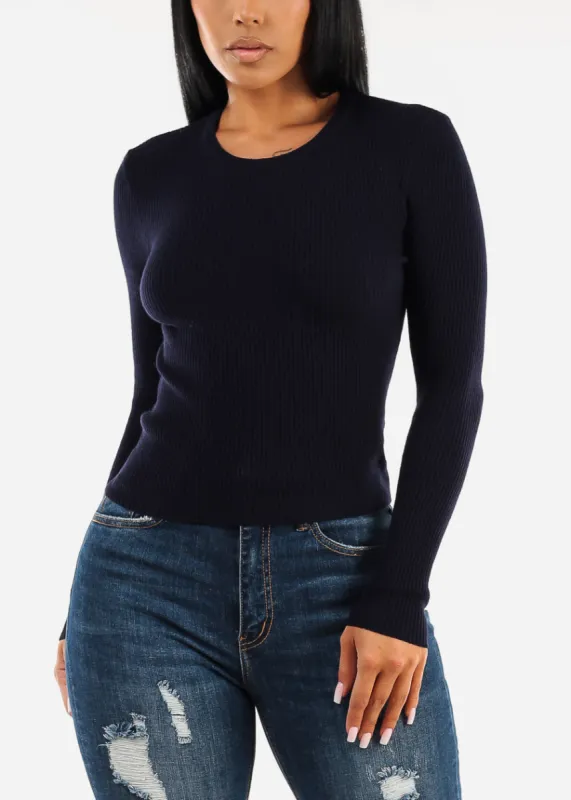 Long Sleeve Crewneck Ribbed Sweater Navy sold by Moda