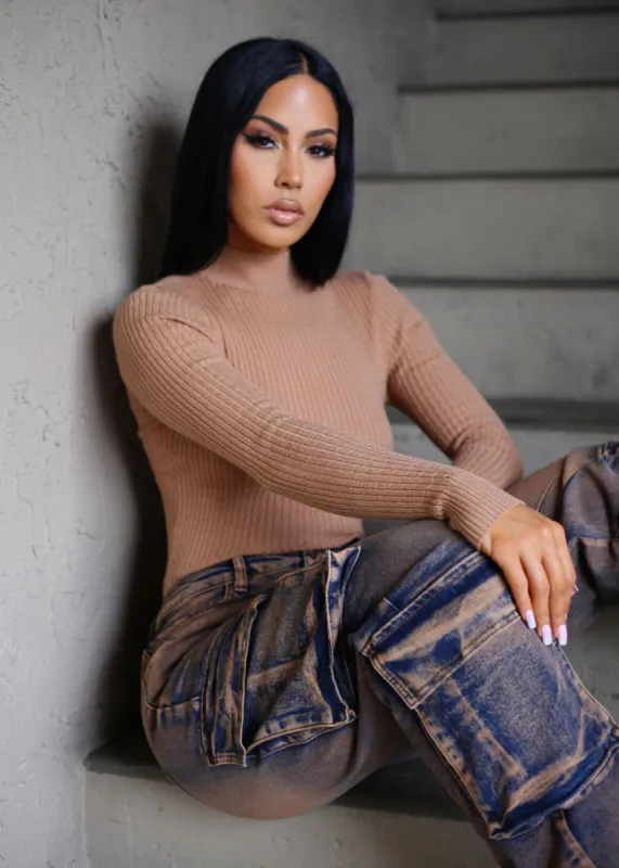 Long Sleeve Mock Neck Ribbed Sweater Khaki sold by Moda