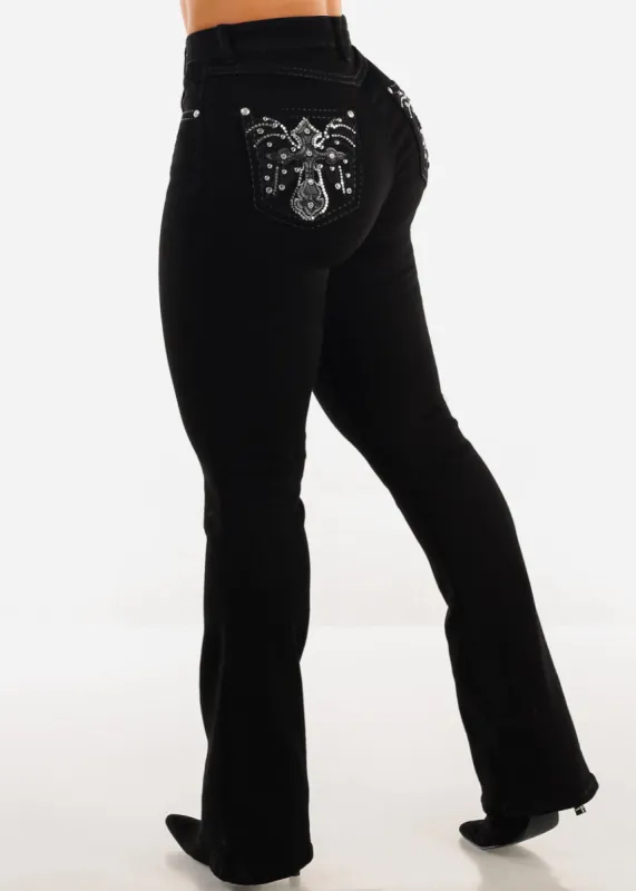High Waist Black Bootcut Jeans w Back Pocket Design sold by Moda