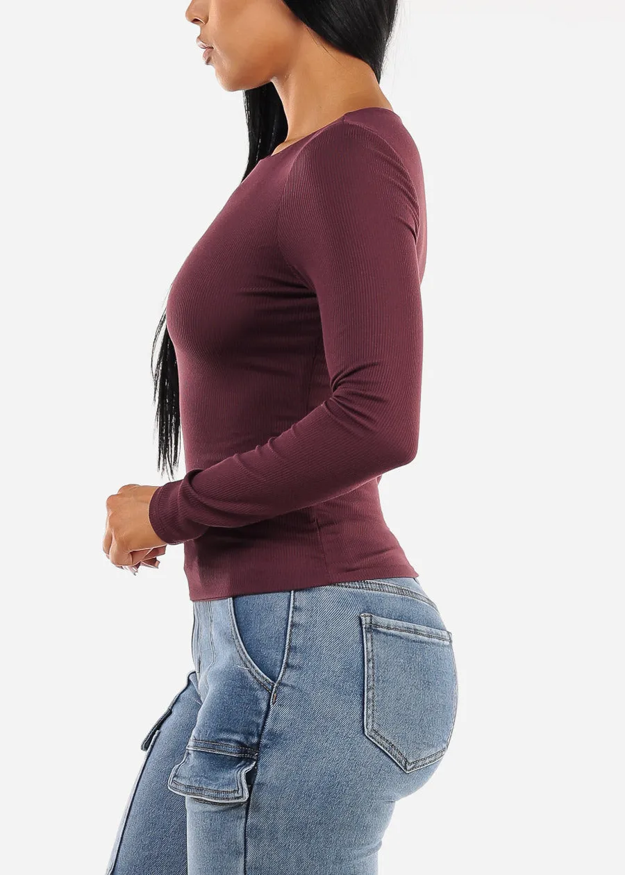 Long Sleeve Crewneck Double Layered Ribbed Top Eggplant sold by Moda product image thumbnail 3