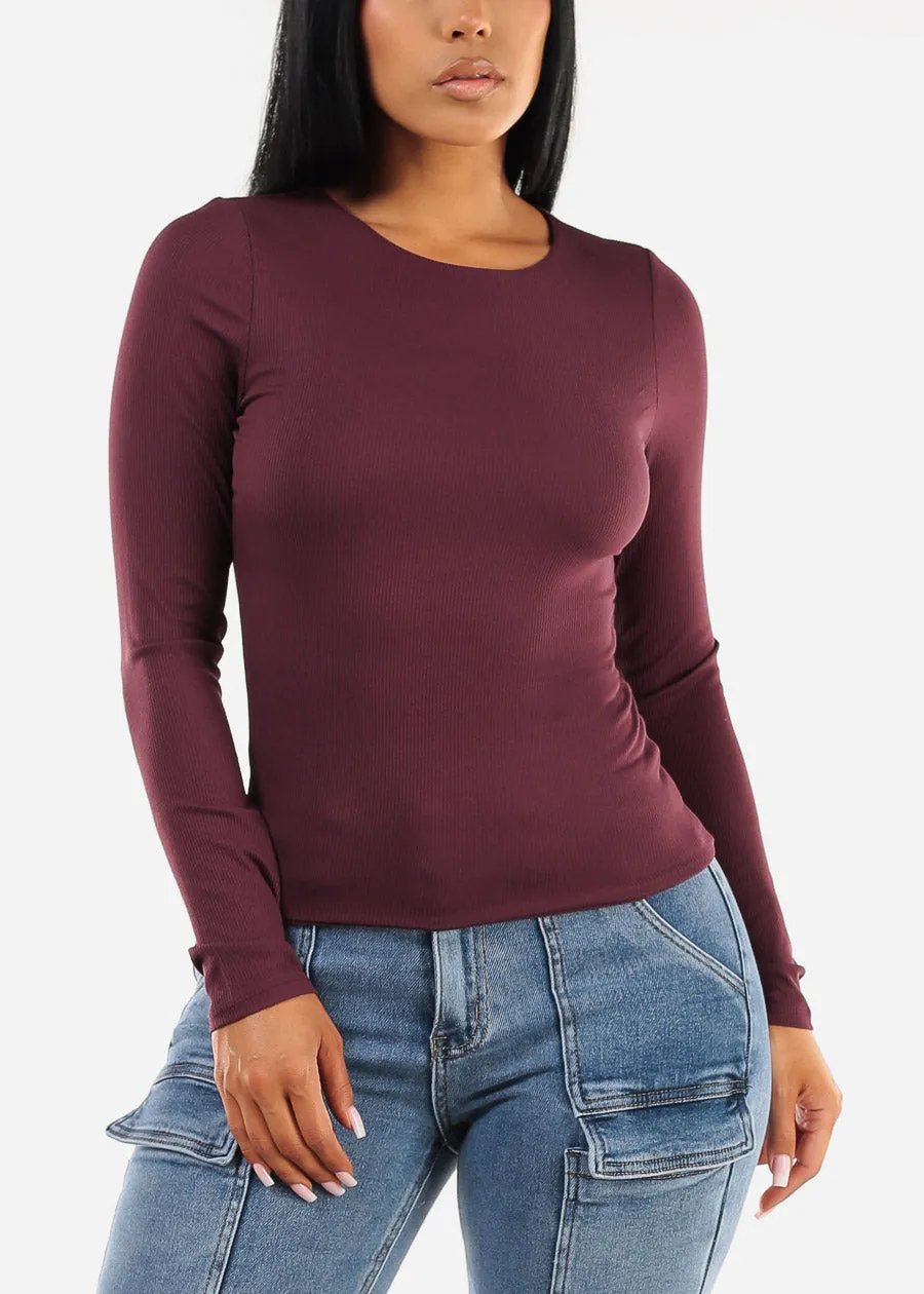 Long Sleeve Crewneck Double Layered Ribbed Top Eggplant sold by Moda
