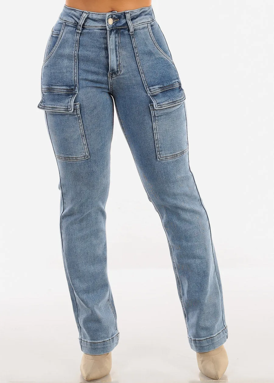 High Waist Straight Light Acid Wash Cargo Jeans sold by Moda