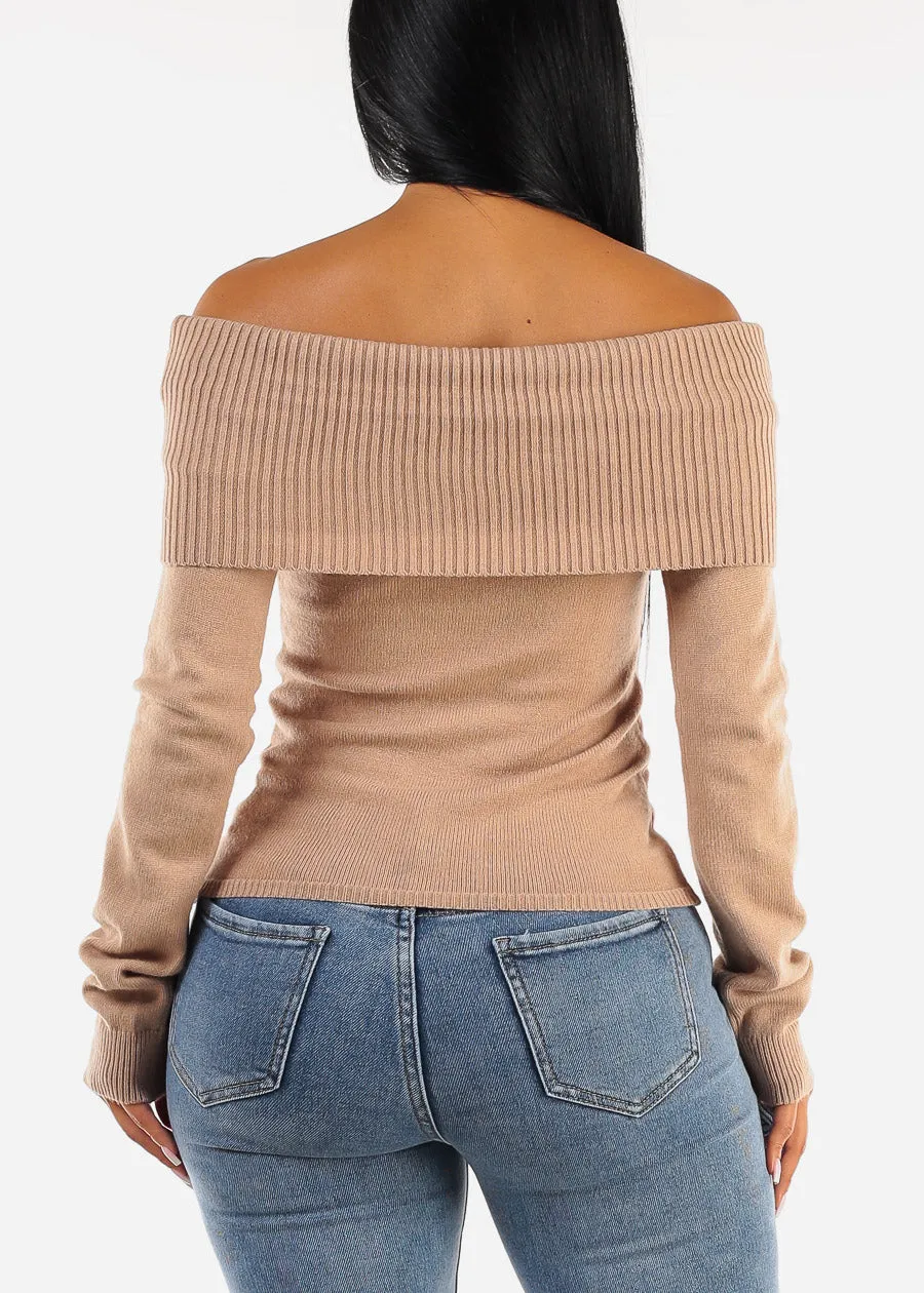 Fitted Off Shoulder Rib Knit Sweater Khaki sold by Moda product image thumbnail 4