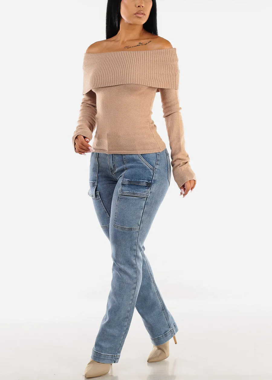 Fitted Off Shoulder Rib Knit Sweater Khaki sold by Moda product image thumbnail 2